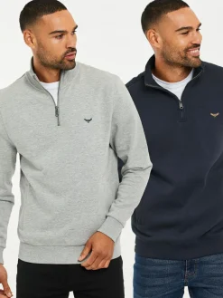 Threadbare Quarter Zip Neck Sweatshirts 2 Pack Grey/Navy