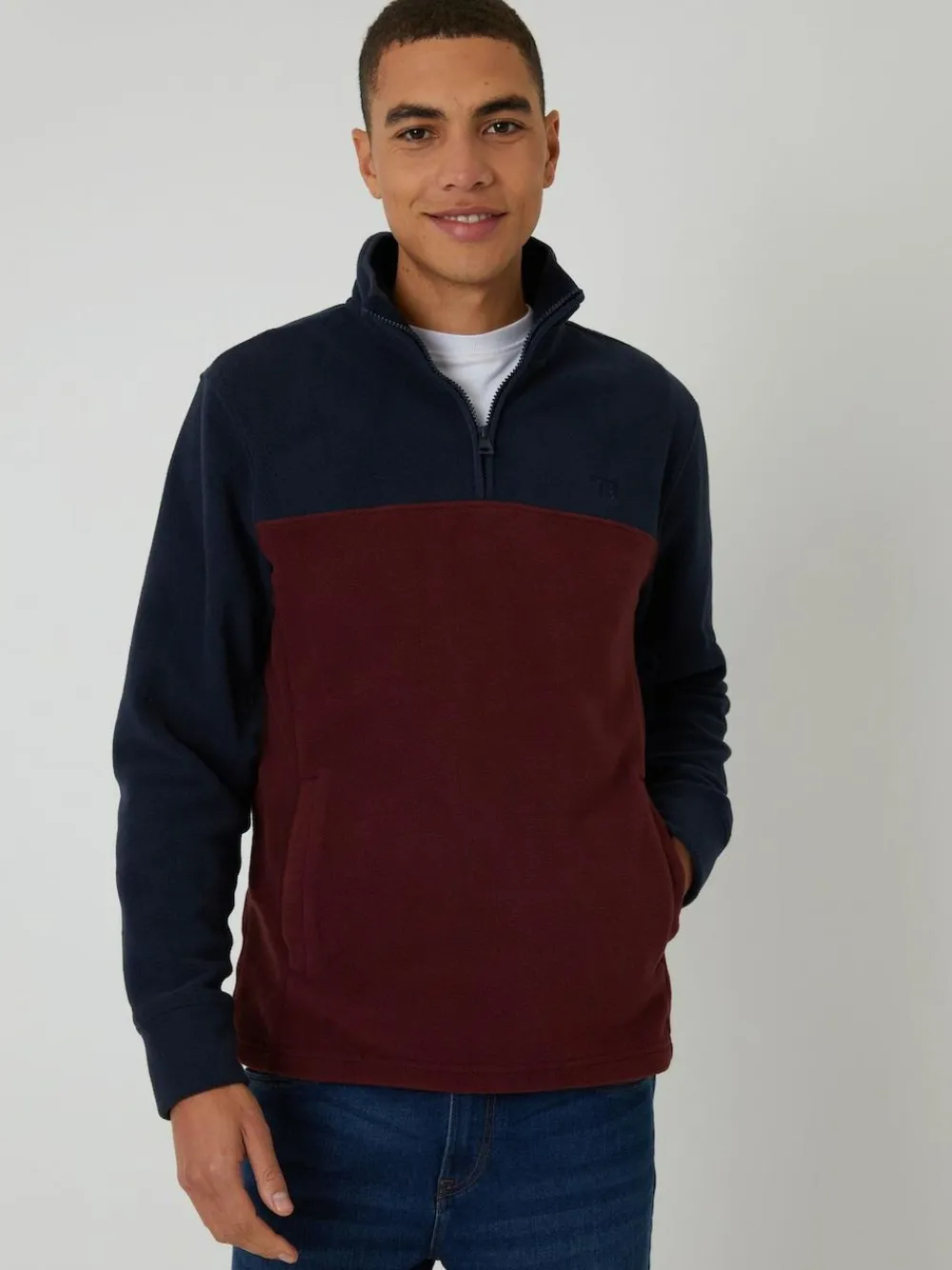 Threadbare Navy / Burgundy Two Tone Quarter Zip Fleece Sweatshirt^ Sweatshirts & Hoodies|Sweatshirts & Hoodies