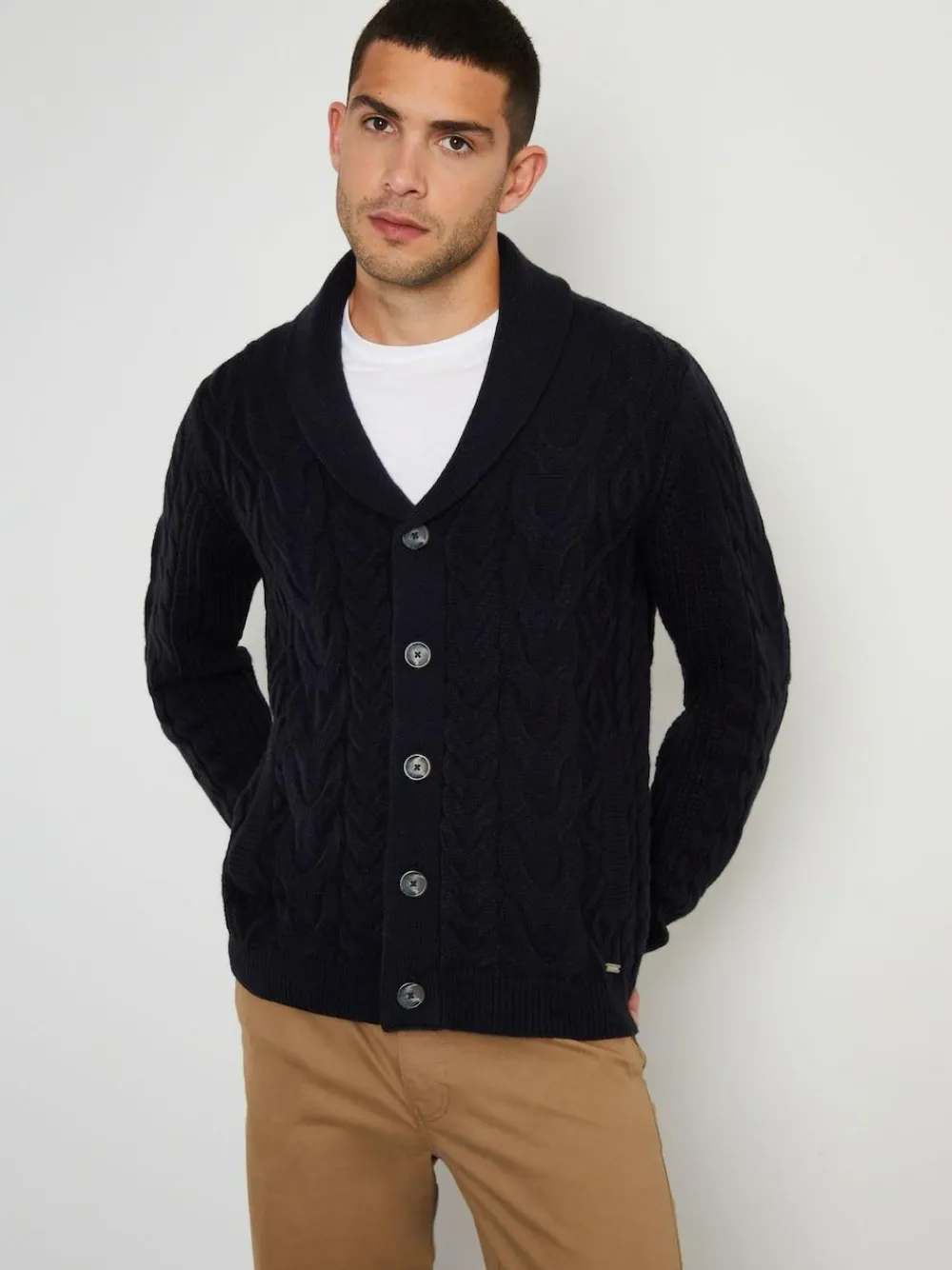 Discount Threadbare Cable Knit Shawl Collar Cardigan With Wool Navy