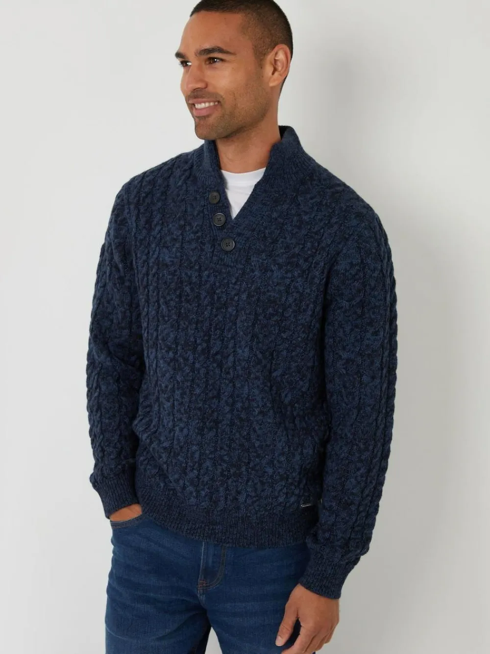 Clearance Threadbare Funnel Neck Cable Knit Jumper Navy