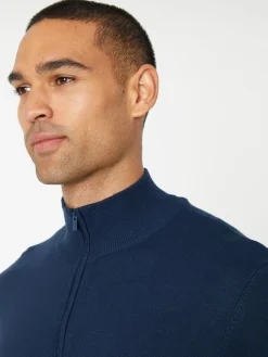 Sale Threadbare Navy Funnel Quarter Zip Knitted Jumper