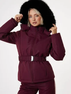Online Threadbare Belted Padded Ski Jacket Red