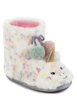 Hot Totes Cream Childrens Unicorn Faux Fur Winter Bootie Slippers