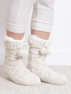Hot Totes Cream Toasties Ladies Luxury Chunky Knit Slipper Socks