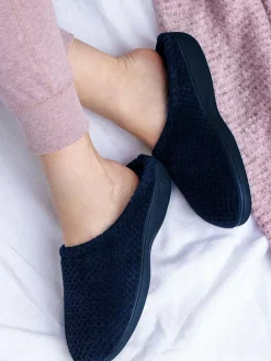 Totes Navy Isotoner Popcorn Terry Mules Slippers^Women Slippers