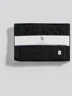 Best U.S. Polo Assn Black Cable Knit Beanie & Scarf Box Set