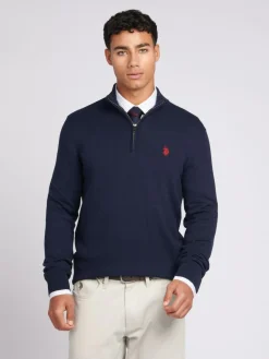 New U.S. Polo Assn . Navy Cotton Funnel Neck Quarter Zip Knit