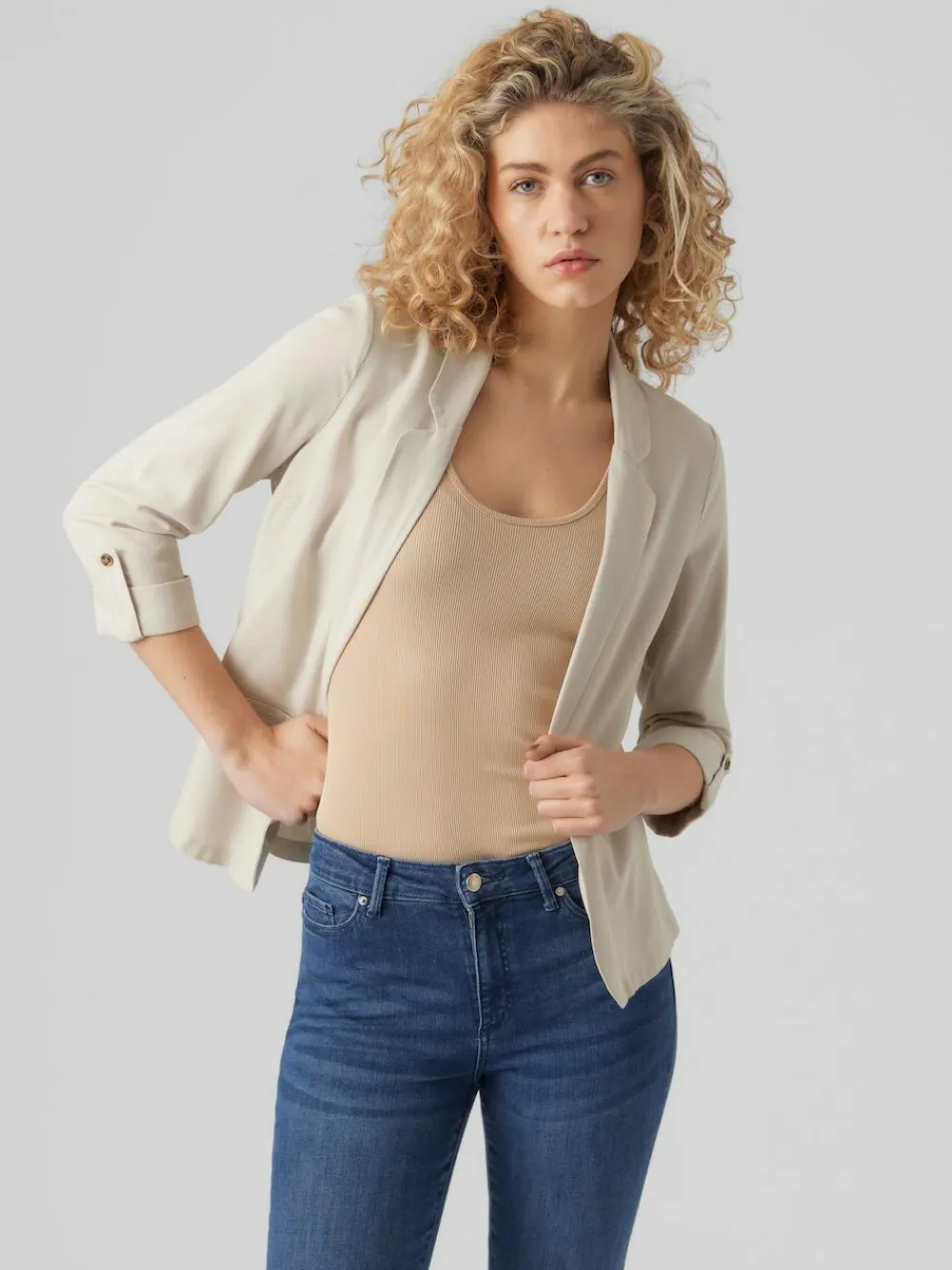 Discount VERO MODA Linen Blend 3/4 Sleeve Jacket Beige