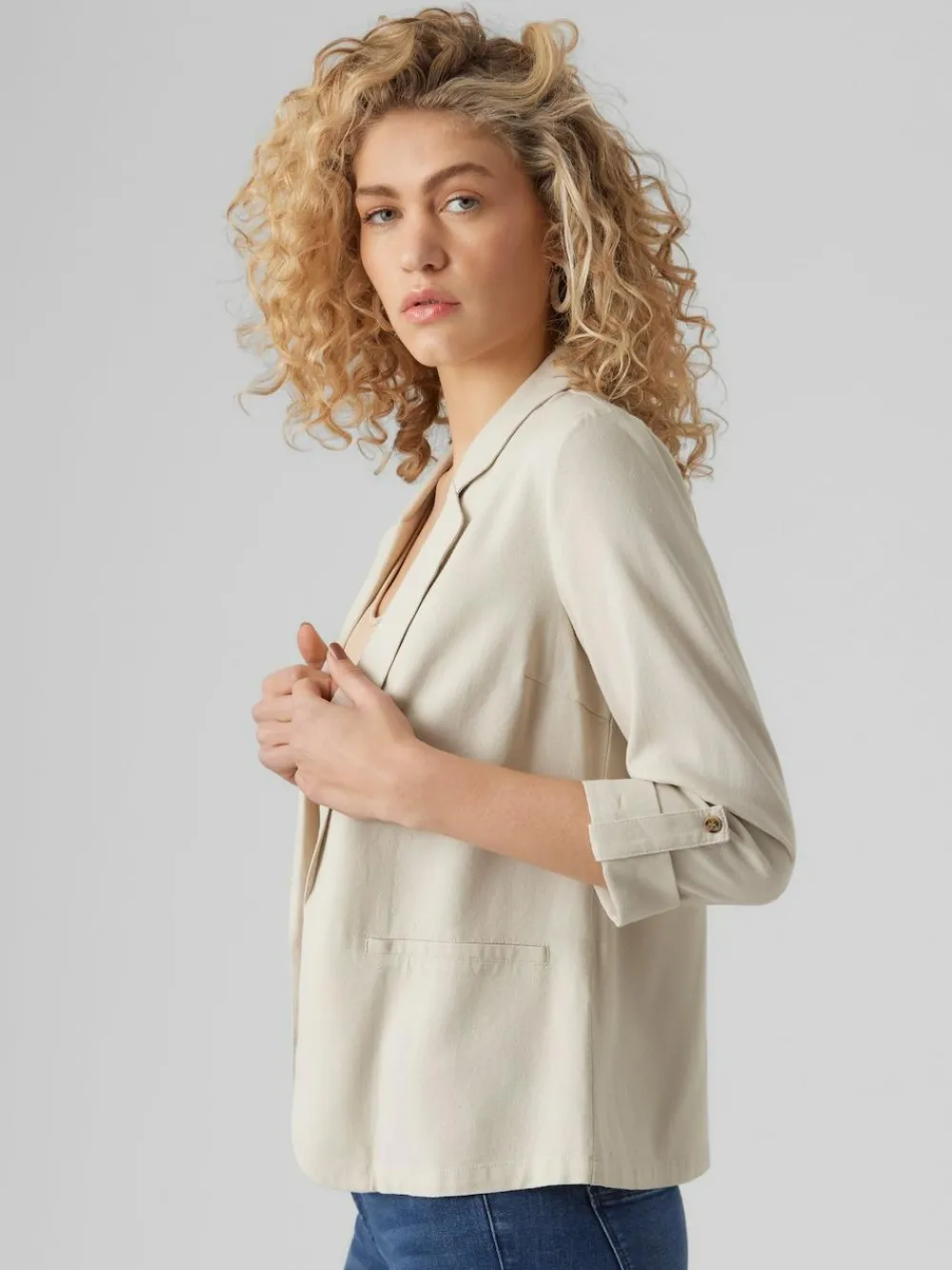 Discount VERO MODA Linen Blend 3/4 Sleeve Jacket Beige