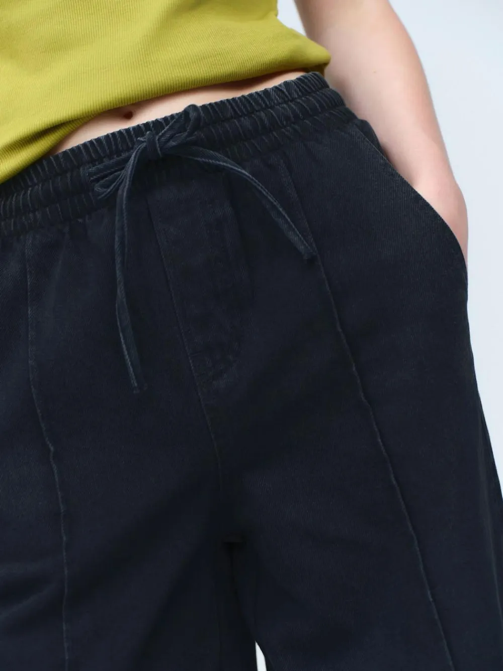 Hot Next Pintuck Wide Leg Denim Joggers Washed Black