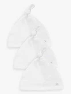 Next 100% Cotton Tie Top Baby Hats 3 Pack (0-12mths)^BOY Hats & Scratch Mitts|Unisex