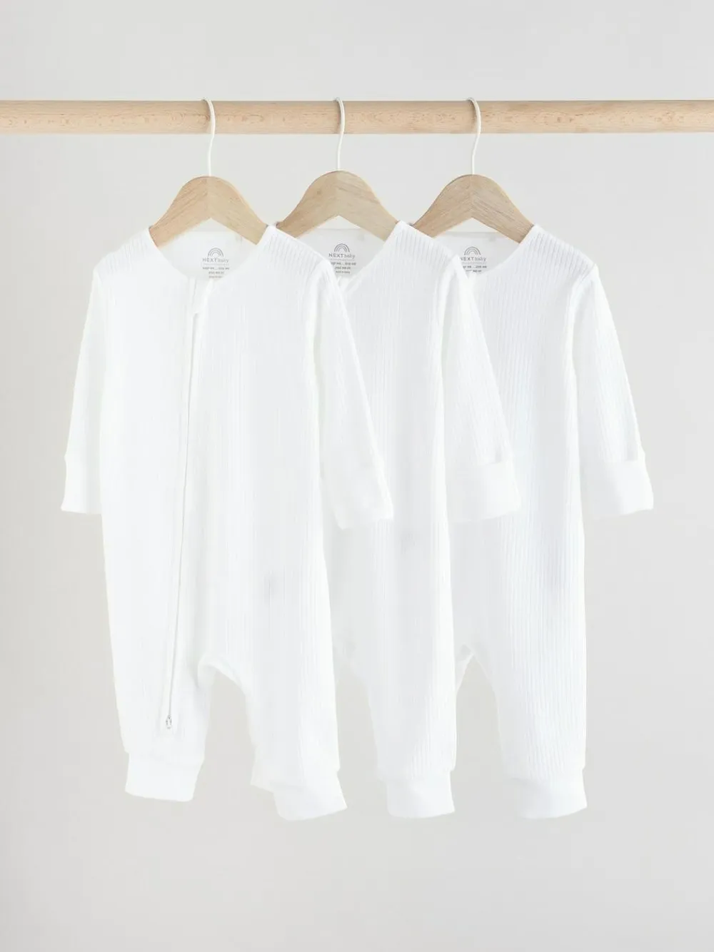 Next White 100% Cotton Two Way Zip Baby Footless Sleepsuits 3 Pack (0mths-2yrs)^BOY Multipacks|Baby Boys