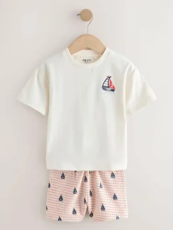 Online Next Short Sleeve T-Shirt and Shorts Set (3mths-7yrs) White Boat Embroidery