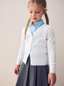 Outlet Next White Cotton Rich School V-Neck Cardigan (3-16yrs)