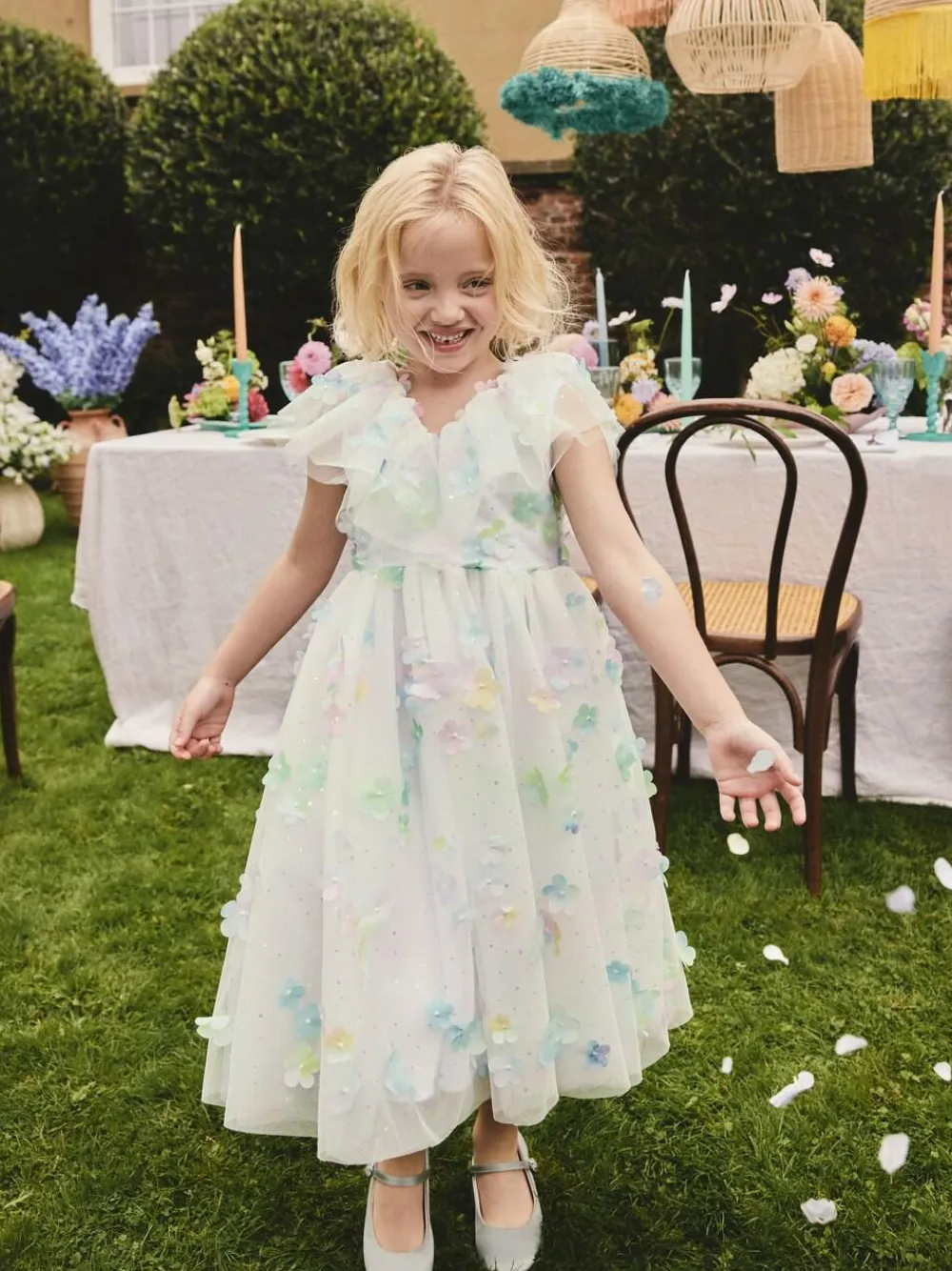 Next White 3D Flower Ruffle Mesh Occasion Dress (3-16yrs)^ Occasionwear