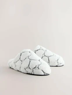 New Next White Heart Borg Mule Slippers