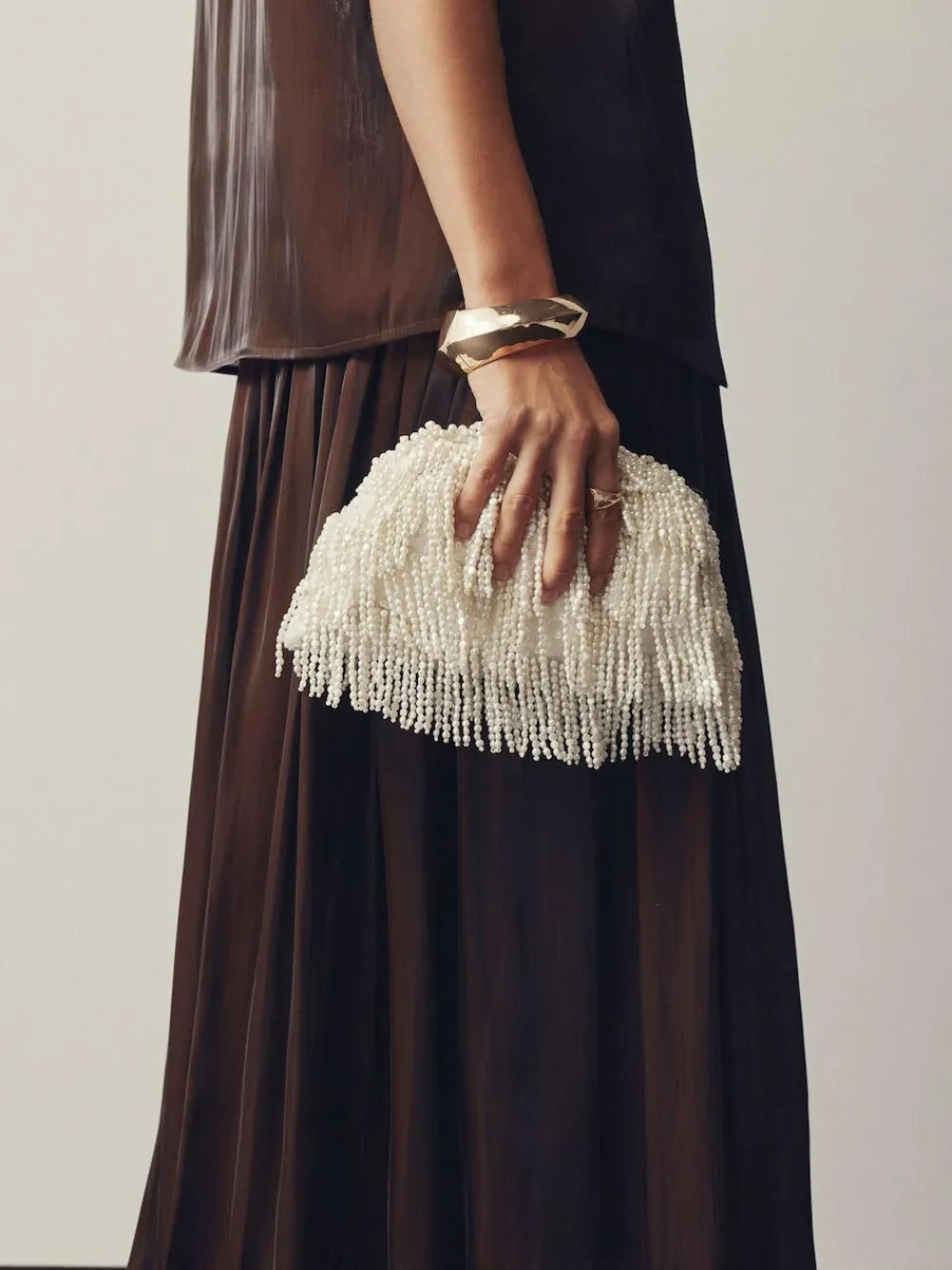 Hot Next White Pearl Effect Embellished Fringe Clutch Bag