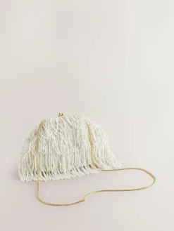 Hot Next White Pearl Effect Embellished Fringe Clutch Bag