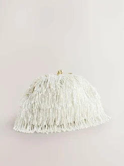 Hot Next White Pearl Effect Embellished Fringe Clutch Bag