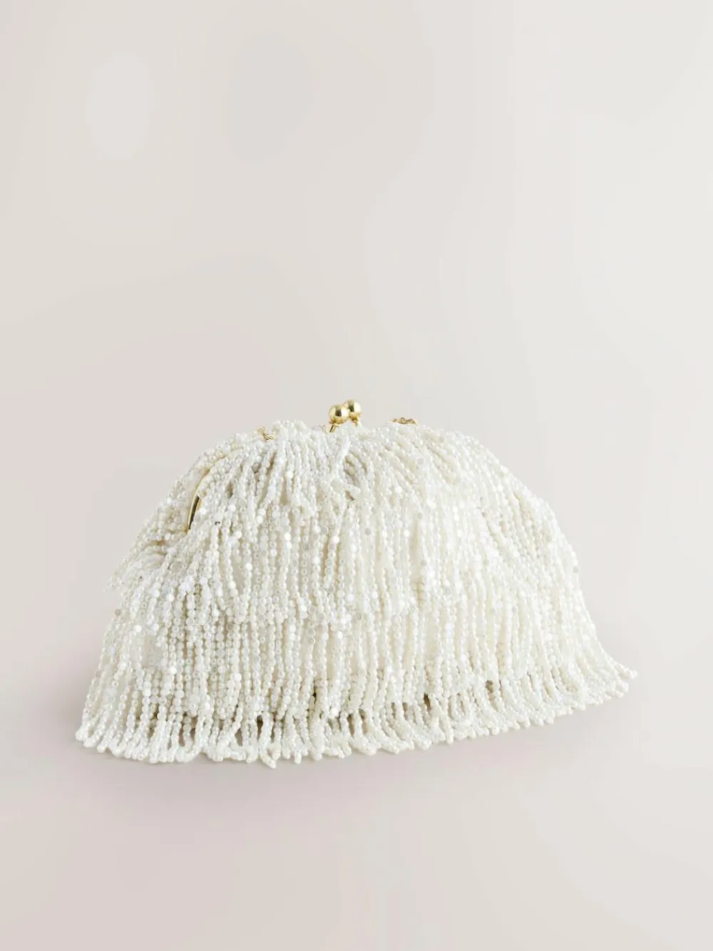 Hot Next White Pearl Effect Embellished Fringe Clutch Bag