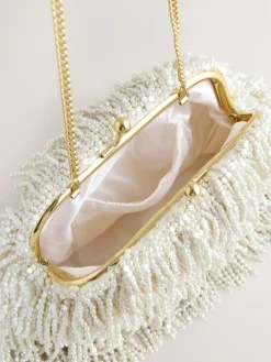 Hot Next White Pearl Effect Embellished Fringe Clutch Bag