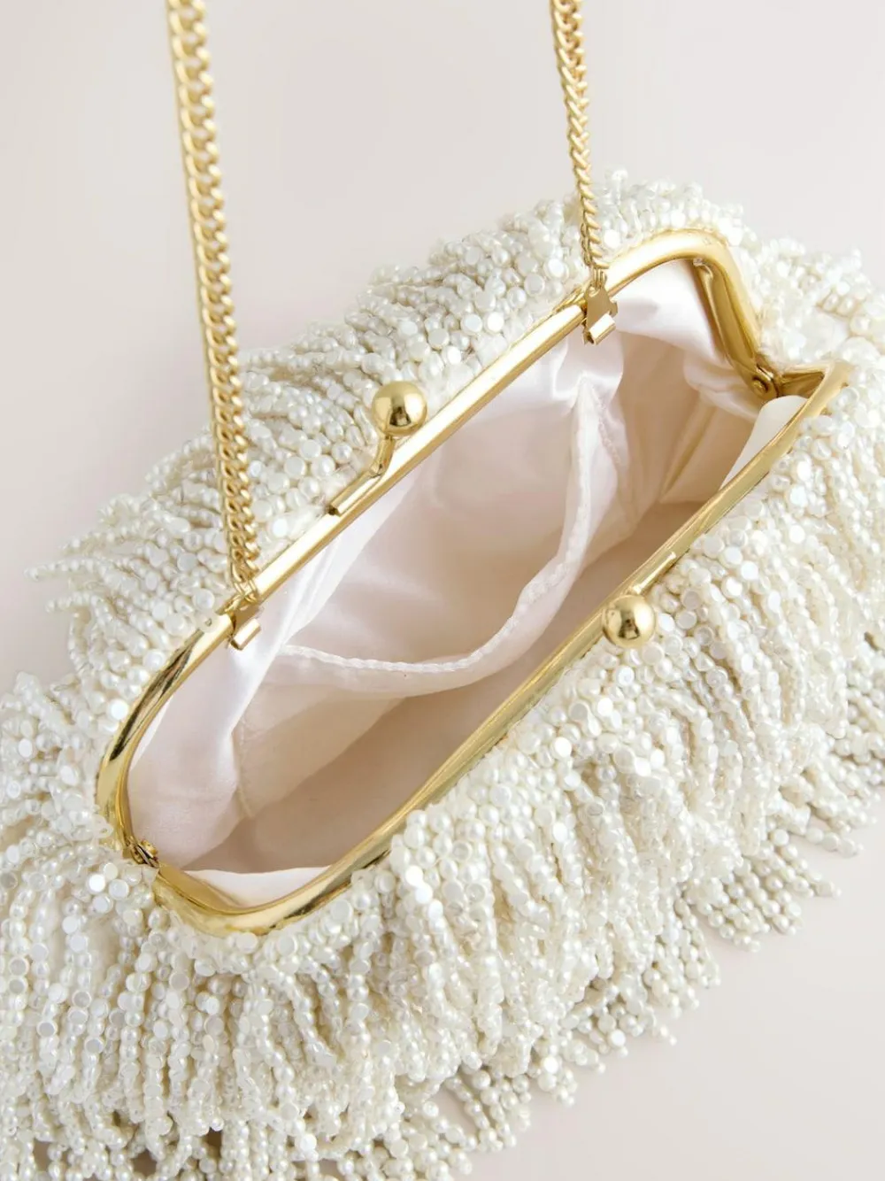 Hot Next White Pearl Effect Embellished Fringe Clutch Bag