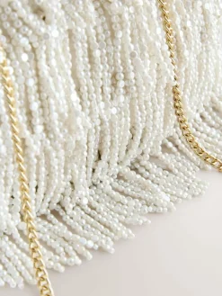 Hot Next White Pearl Effect Embellished Fringe Clutch Bag