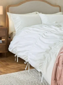 New Next White Ruched 200TC with Bows Duvet Cover and Pillowcase Set