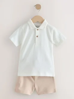 Clearance Next Short Sleeve Textured Polo Shirt and Shorts Set (3mths-7yrs) White