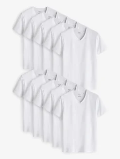 Next White Slim Fit 100% Cotton V-Neck Layering T-Shirts 10 Pack^ Loungewear|Nightwear
