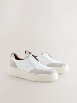 Hot Next Slip On Signature Leather Chunky Wedge Platform Trainers White