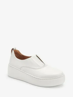 New Next Slip On Signature Leather Chunky Wedge Platform Trainers White