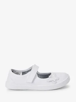 Online Next Standard Fit (F) Butterfly Embroidered School Plimsoll Shoes White