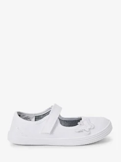 Online Next Standard Fit (F) Butterfly Embroidered School Plimsoll Shoes White