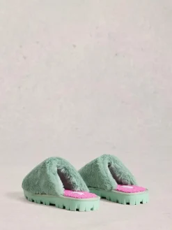 Clearance White Stuff Faux Fur Mule Slippers Green