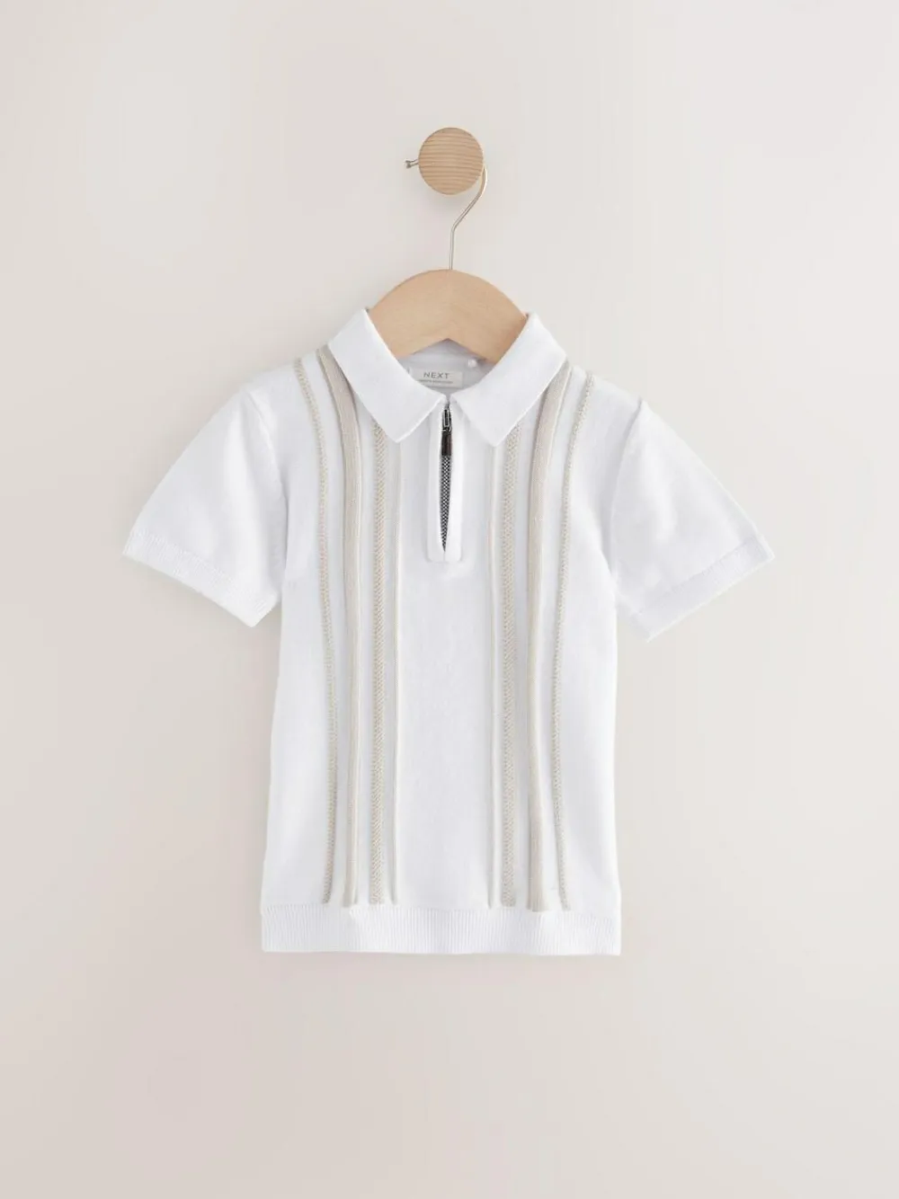 Next 100% Cotton Knitted Zip Neck Polo Shirt (3mths-7yrs) White Vertical Stripe