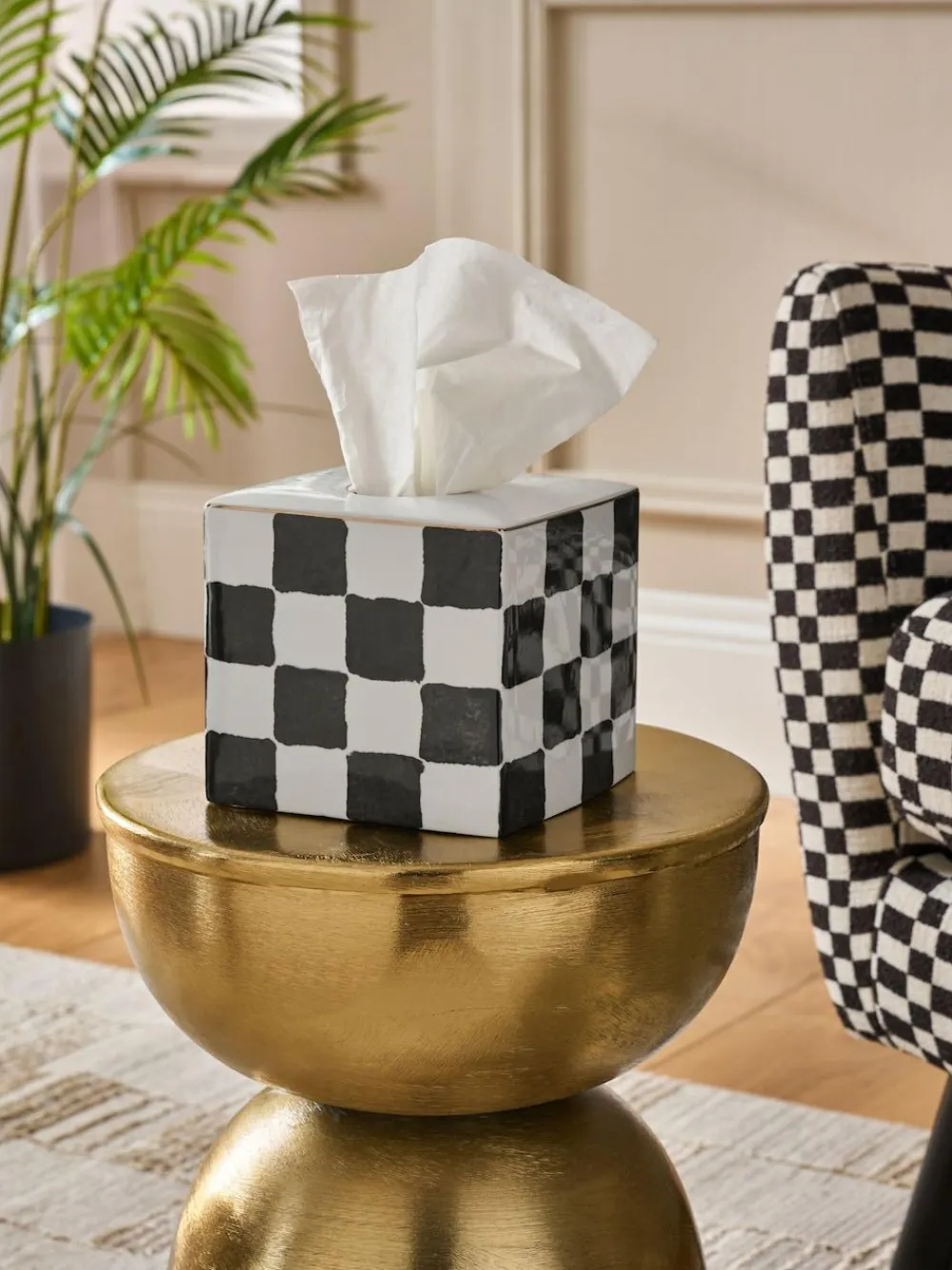 New Next White/Black Check Ceramic Tissue Box