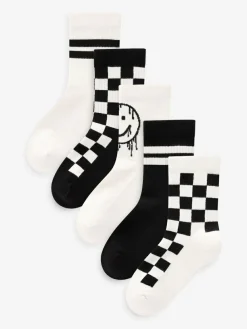 Next White/Black Checkerboard Cushioned Footbed Cotton Rich Ribbed Tipped Socks 5 Pack^BOY Socks