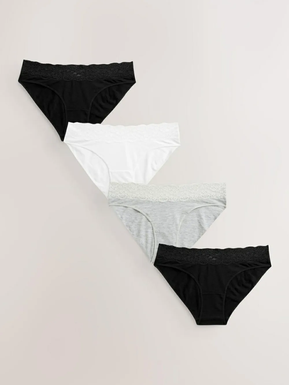 Next White/Black/Grey High Leg Cotton Lace Knickers 4 Pack^Women Panties