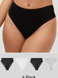 Next White/Black/Grey High Rise High Leg Cotton Lace Knickers 4 Pack^Women Panties|All Lingerie