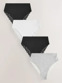 Next White/Black/Grey High Rise High Leg Cotton Lace Knickers 4 Pack^Women Panties|All Lingerie