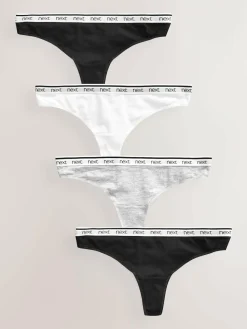 Best Next Thong Cotton Logo Knickers 4 Pack White/Black/Grey