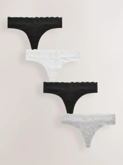 Next White/Black/Grey Thong Cotton Lace Knickers 4 Pack^Women All Lingerie|Panties