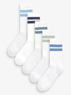 Best Next White/Blue Cushioned Footbed Cotton Rich Ribbed Tipped Socks 5 Pack