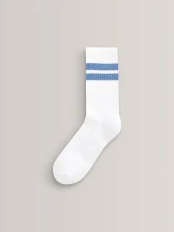 Best Next White/Blue Cushioned Footbed Cotton Rich Ribbed Tipped Socks 5 Pack