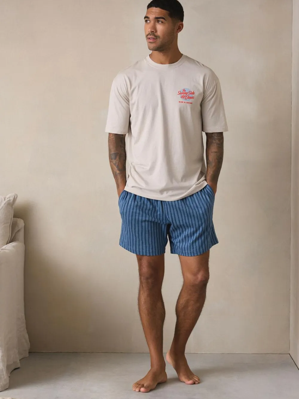 Hot Next Graphic Short Sleeve Jersey Pyjamas Set White/Blue