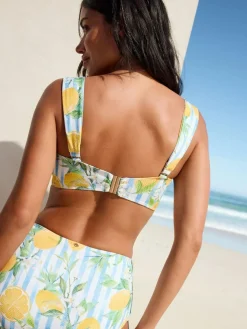 Next White/Blue Pique Stripe Lemon Print Wired Bandeau Bikini Top^Women Swimwear