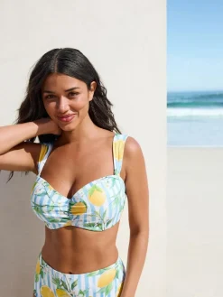 Next White/Blue Pique Stripe Lemon Print Wired Bandeau Bikini Top^Women Swimwear