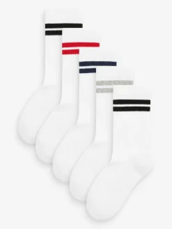 Next White/Blue/Red Cushioned Footbed Cotton Rich Ribbed Tipped Socks 5 Pack