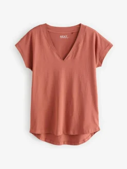 Next White/Grey/Khaki/Rust/Brown V-Neck Cap Sleeve 100% Cotton T-Shirts 5 Pack^Women Nightwear|Tops & T-Shirts